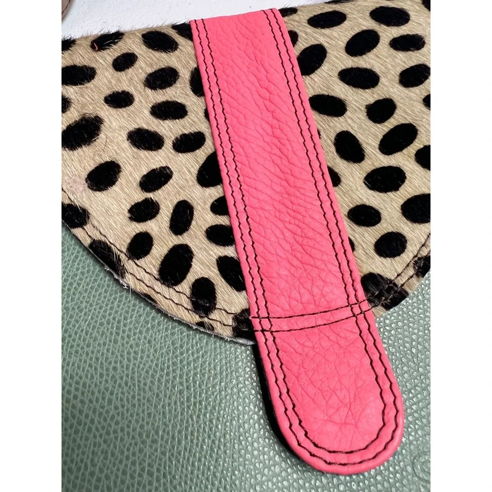 Soruka Ferrara Leather Crossbody Bag Green Pink Calf Hair Animal Print Purse NEW
